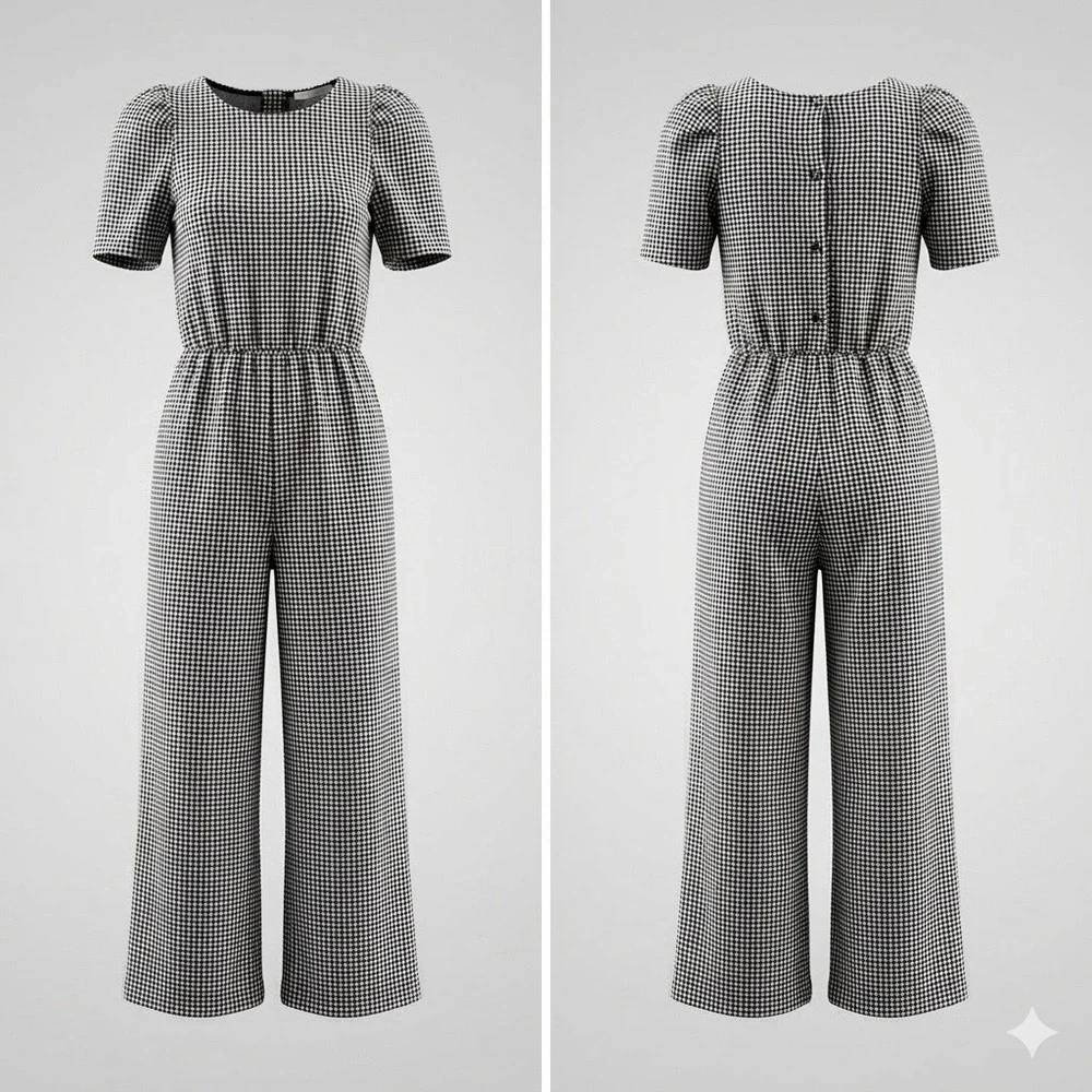 Zara Girls‎ Jumpsuit Houndstooth Wide Leg Size 11-12 Black White Puff Sleeve EUC
